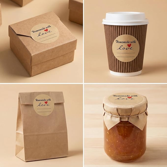 2 Inch Natural Brown Kraft Stickers (500 Per Roll), Homemade with Love Sticker with Lines for Writing (Permanent Adhesive) for Store Owners, Crafts, Organizing, Jar and Canning Labels