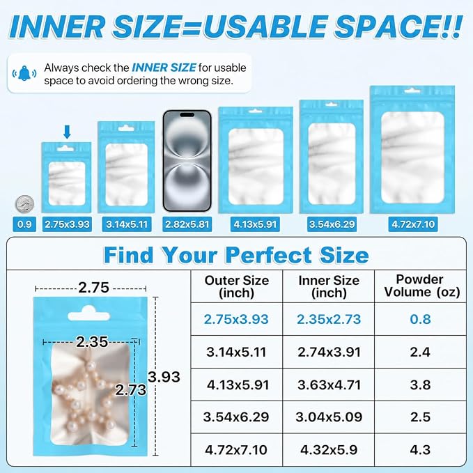 ANZNKU 100 Pack Lake Blue Resealable Mylar Bags with Frosted Clear Window 2.75x3.93", Smell Proof Sealable Packaging Bags for Small Business, Foil Pouch Zip Goodie Bag for Candy Treat Jewelry