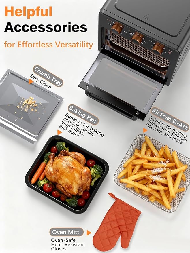 OUNIN Air Fryer Toaster Oven with Steam Infusion, 12 QT Compact Countertop Oven, 6-in-1 Stainless Steel Combo Bakes, Broils, Grills & Warms, Fast Preheat, 60-Minute Timer – Small Kitchen Friendly