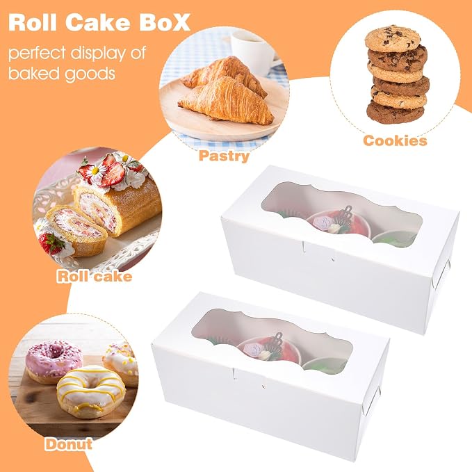 30Pcs White Bakery Boxes with Window 9x4x3.5 Inch Cookie Boxes for Roll Cakes, Desserts, Muffins, Donuts, Candies, and Pastries, Perfect for Weddings, Parties, and Gifts