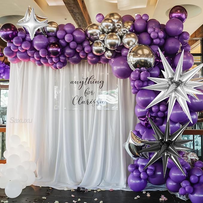 Purple Black Balloon Arch Kit, Black Purple Silver Balloons garland Arch kit, Sliver Star Foil Balloons For Birthday Baby Shower Party Wedding Bachelorette Bridal Shower Graduation Halloween Decor