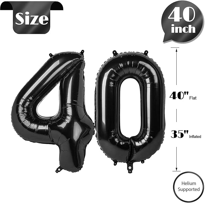Black Number 40 Balloon 40 Inch, 40th Birthday Party Decorations for Children, Giant 40 Foil Balloon for Party Supplies