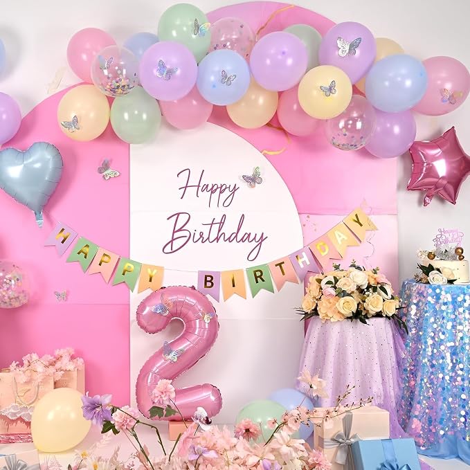 2nd Birthday Decoration for Girls,Easter Pastel Rainbow 2nd Balloon Number 2 Balloon Butterfly Stickers Star Heart Foil Balloons Banner for Baby 2 Year Old Party Decor