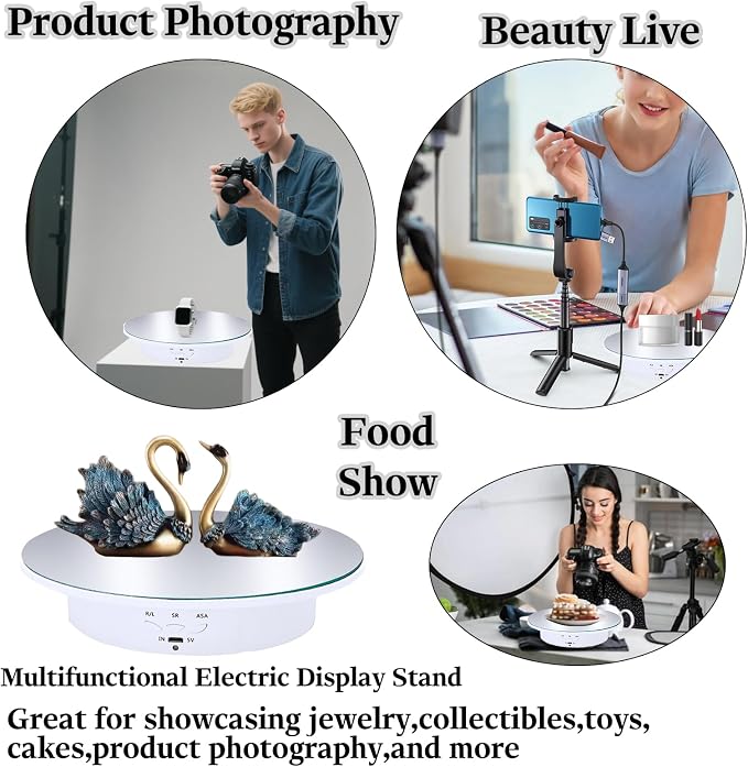 JAYEGT Motorized Rotating Display Stand, 7.87inch /17.6lbs Load, 360 Degree Electric Rotating Turntable for Photography Products, Jewelry，5 Colors Backgrounds, Mirror Cover (White/Remote Control)