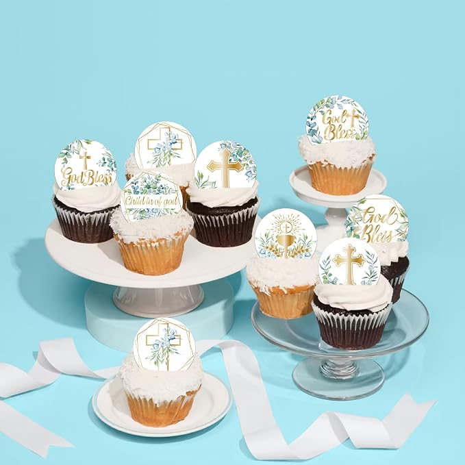 64 PCS Edible God Bless Cupcake Toppers Edible First Communion Cupcake Picks Greenery Leaves Cross Baptism Cake Decorations for God Bless Theme Baby Shower Birthday Party Cake Decorations Supplies