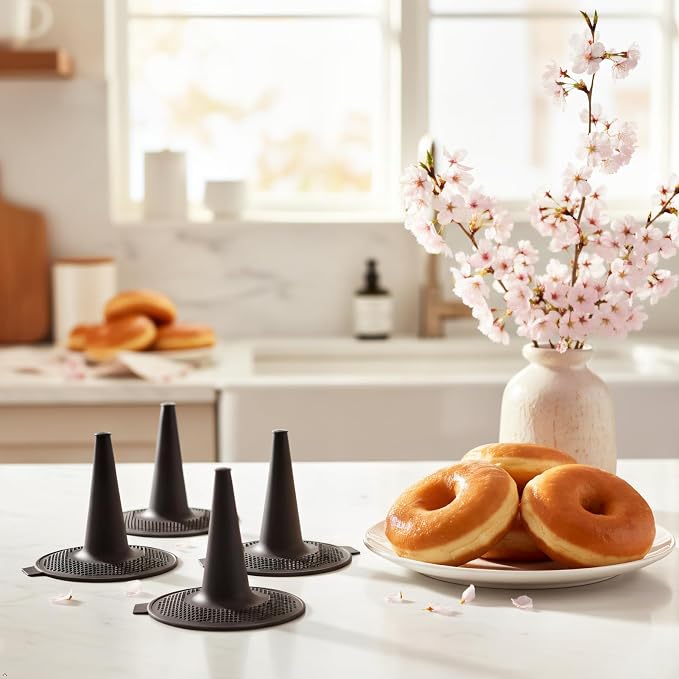 Silicone Donut Bagel Baking Mold Set, 6 Pack, 5.3 in Dia, Oven Use | Brown, perforated base, -22°F to 446°F, not for stovetop or open flame, before buying confirm pan and oven space
