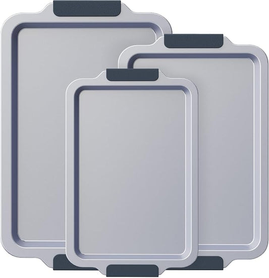 BRONYPRO Non Stick Ceramic Baking Sheet Pan Set of 3, Non Toxic Cookie Sheets (PFOA/PTFE Free), Aluminized Steel Oven Trays with Silicone Handles, Rust-Resistant, Warp-Resistant to 500°F, Blue Gray