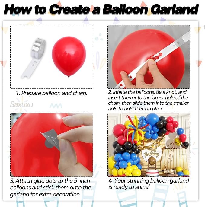Blue Red Yellow Black Balloon Arch Kit, Blue Red Yellow Balloons Garland Arch Kit, Long Balloons For Birthday Baby Shower Party Wedding Bachelorette Anniversary Graduation Decorations