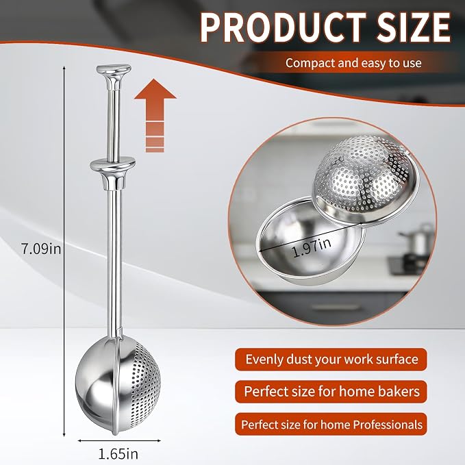 Sourdough Flour Duster for Baking, Powdered Sugar Duster, One-Handed Operation Flour Dusting Wand, 304 Stainless Steel with Spring-Operated Handle, Easy to Use, Perfect for Sourdough Bread