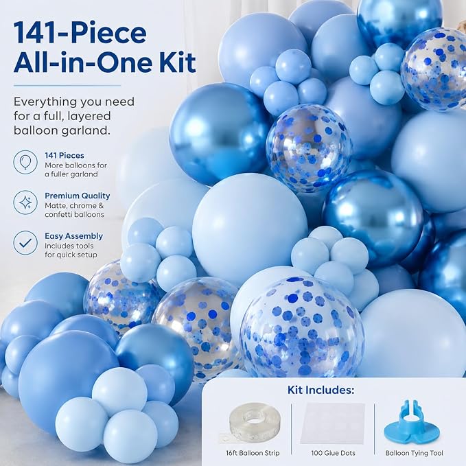 141 Pcs Blue Balloon Garland Arch Kit - Macaron & Metallic Chrome Blue Balloon Set with Confetti Balloons for Baby Shower, 1st Birthday, Wedding, Gender Reveal Party Decorations