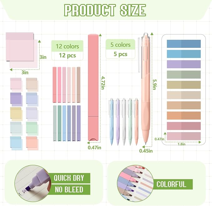 Jutom 39 Pcs Aesthetic Book Annotation Kit Highlighter with Case Bag Gel Pen Transparent Sticky Note Taking Bible Supplies(Green,Kawaii Style)