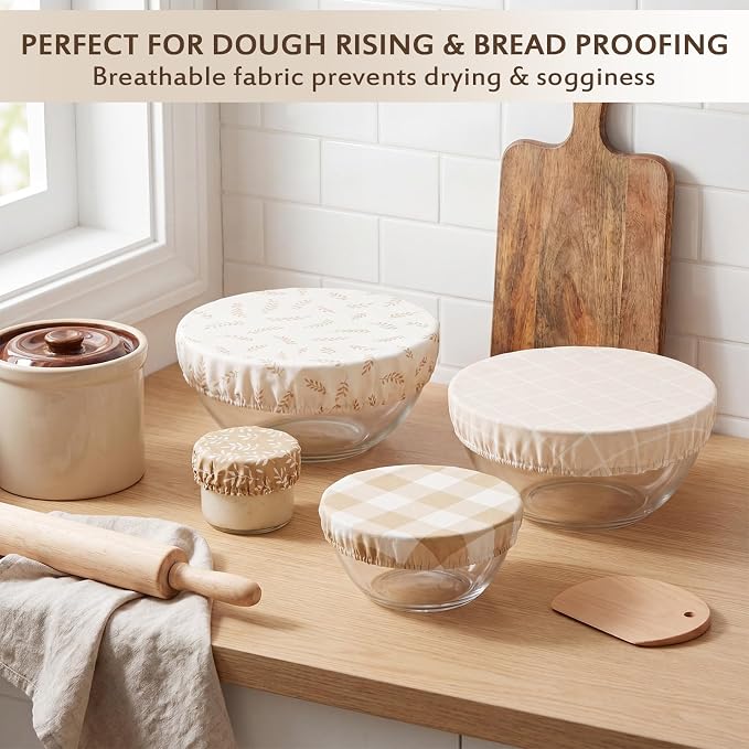 Mindsoft 4 Pcs Reusable Bowl Covers for Bread Proofing, 4/8/10/13 Inch Linen Cotton Blend Bowl Lids with Elastic, Durable Food Covers for Sourdough Bread Dough Proofing Food Storage Fruits Leftover