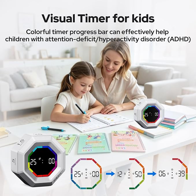 Visual Timer for Kids Kitchen Timer Pomodoro Magnetic Visual Countdown | Smart Gravity Sensing Timer with Large Display Loud Alarm for Study Cooking Classroom Homework Time Management