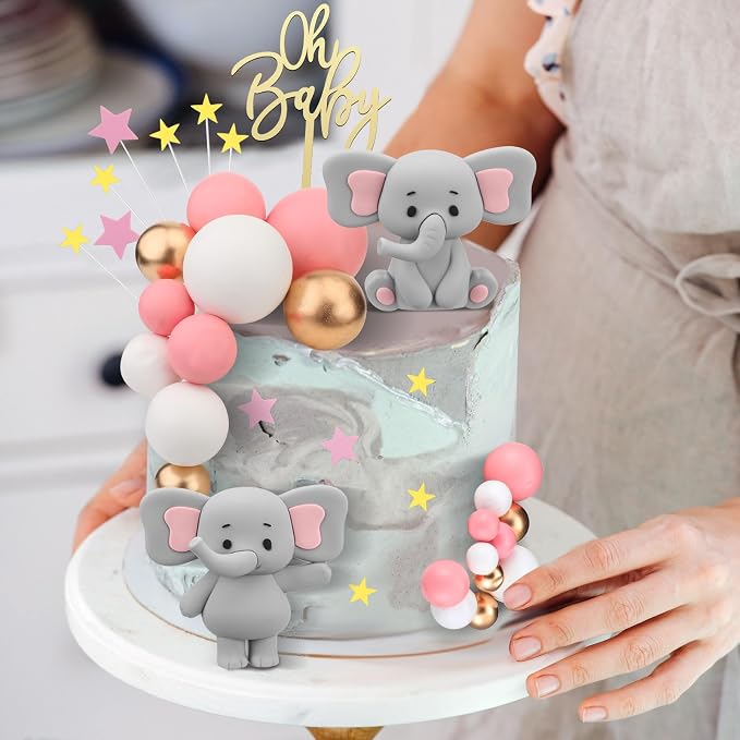 Yinder Bear Cake Toppers Mini Bear Cake Decorations Cake Toppers Gold White Pearl Ball for Birthday Party Decorations(Gray, Pink,Elephant Style)