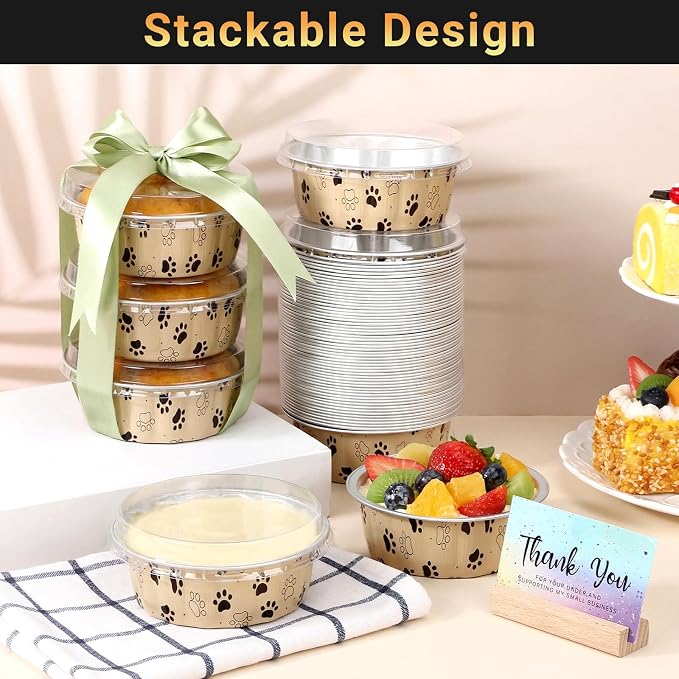 Beasea Disposable Baking Cups with Lids, 100 Pack 8oz Aluminum Foil Ramekins with Lids, Cute 235ml Creme Brulee Muffin Cupcake Mini Pudding Baking Cups Tin for Party Birthday - Cat Claws