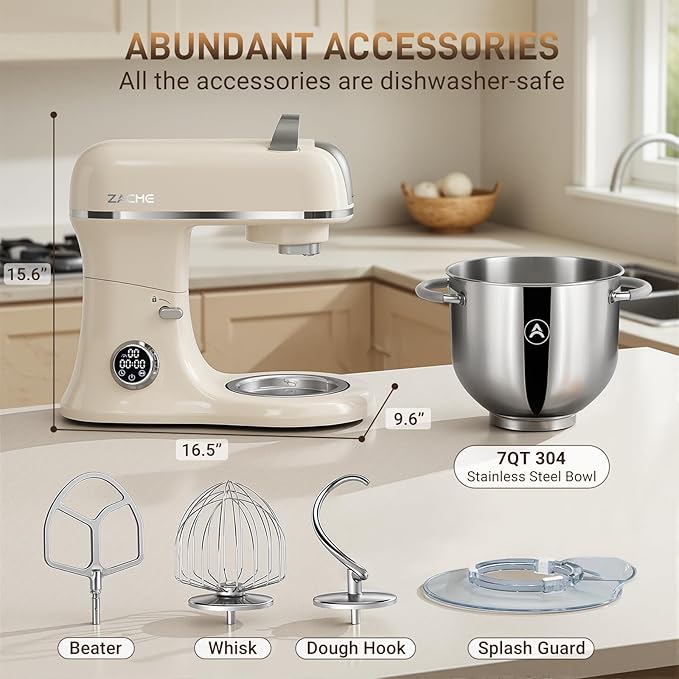 ZACME 7 Quart Stand Mixer Aluminum Die Casting, 650W 12 Speed Tilt-Head Kitchen Electric Stand Mixer, Household Food Mixer with Stainless Steel Bowl, Dough Hook, Whisk and Beater-Cream