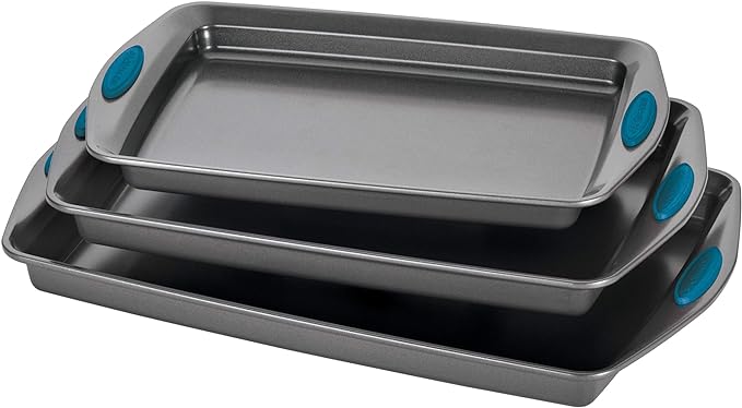Rachael Ray Nonstick Bakeware Cookie Pan Set, 3-Piece, Gray with Marine Blue Silicone Grips