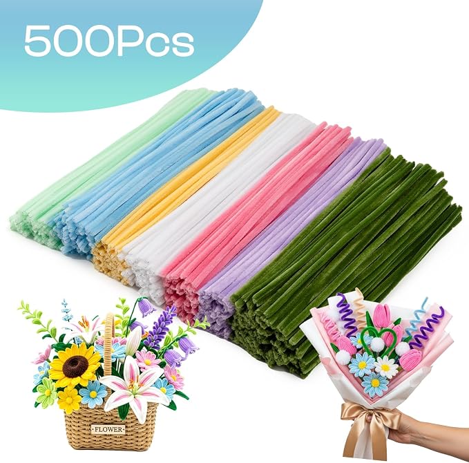 Caydo 500 Pieces Pipe Cleaner Flower Kit, Macaron Colorful Chenille Stems Bulk for Pipe Cleaner Bouquets Making