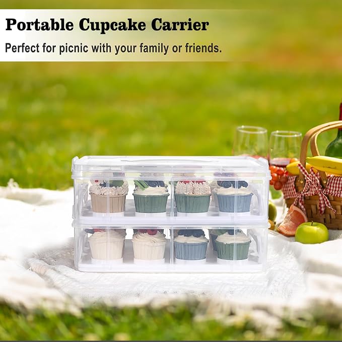 BSTKEY 2 Tier Cupcake Carrier, Each Tier Holds 12 Cupcakes, 2 in 1 Stackable Cupcake Container and Cake Keeper with Lid, Clear Plastic Box Holding 24 Pastries for Birthday Party Bakery Supplies