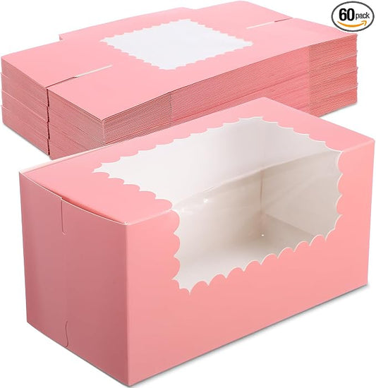 Ireer 60 pcs 8x4x4 Inch Bakery Boxes with Window Cookies Boxes Pumpkin Roll Container Donut Box Pastry Cake Packaging Safe for Cookies Loaf Muffins Breads Dessert Candies Treat(Pink)