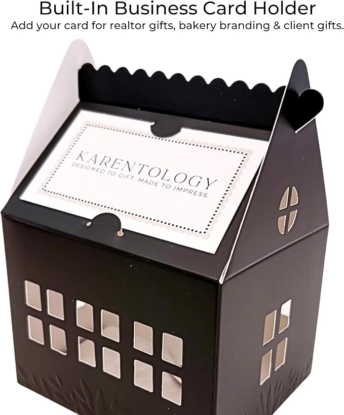30 Pcs Cottage House Cookie Boxes with Window & Business Card Holder, Black, 4 x 4 x 6 in Bakery Gift Boxes for Treats, Desserts, Party Favors & Realtor Pop By Gifts