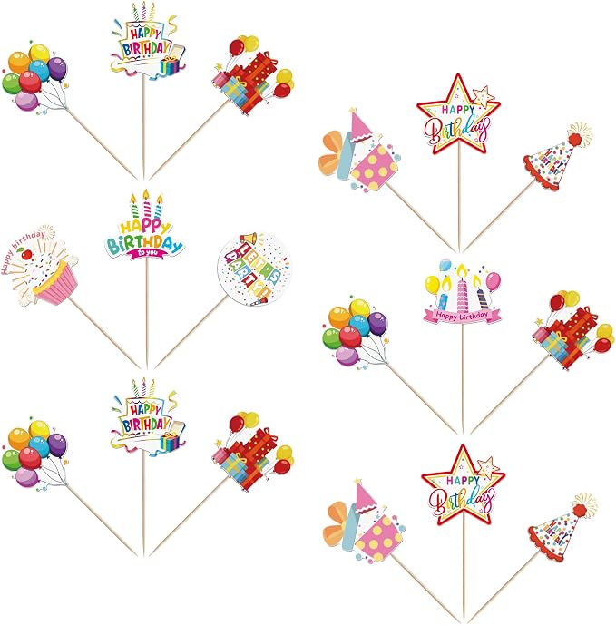 40 PCS Happy Birthday Cupcake Toppers Balloon Star Cheers Party Time Firework Cupcake Pciks Happy Birthday Cake Decorations for Celebrating Anniversary Theme Party Cake Decorations Supplies Colorful