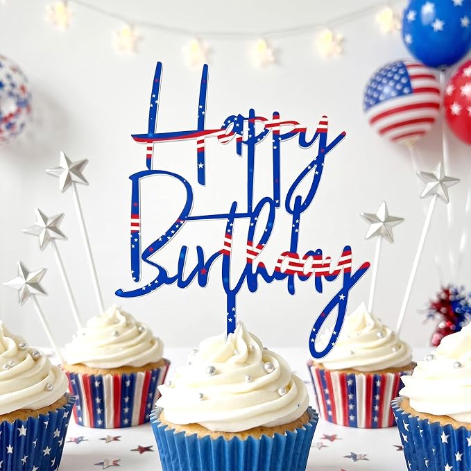 Happy 18th Birthday Cake Toppers, Patriotic Themed Acrylic Cake Decorations with 5pcs Star for Boys Girls Men Women Birthday Anniversary Party Decor Supplies