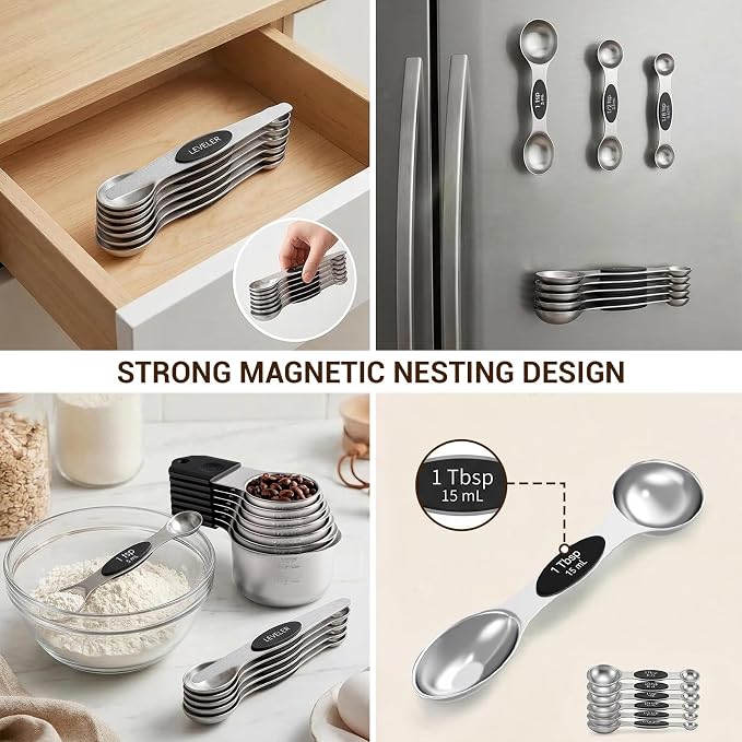Magnetic Measuring Cups and Spoons Set 16 Piece, 304 Stainless Steel Measuring Cups Spoons with Leveler, Double Engraved Markings, Nesting Magnetic Design, Black Handle, for Baking Cooking Dry Liquid