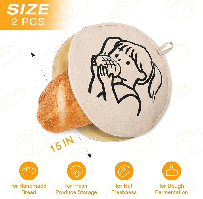 Reusable Bread Bag for Homemade Bread, 15 Inch Round Beeswax Bread Bag Fits Most Proofing Baskets, Cotton Linen Sourdough Bread Storage Bag for Artisan Bread Loaves