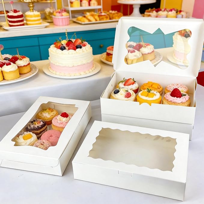 MUMULULU White Bakery Boxes with Window Cookie Boxes Treat Boxes for Desserts Cupcakes Muffins Donut Chocolate Strawberry (24PCS 12×8×2.5)