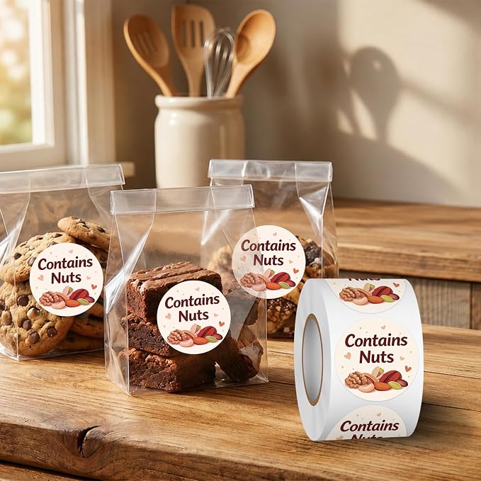Louise Maelys 500 Pcs Contains Nuts Stickers -1.5 Inch Nut Allergen Allergy Warning Sticker Nuts Allergen Labels Allergic to Nuts for Baking,Food Safety,Retail and Restaurants