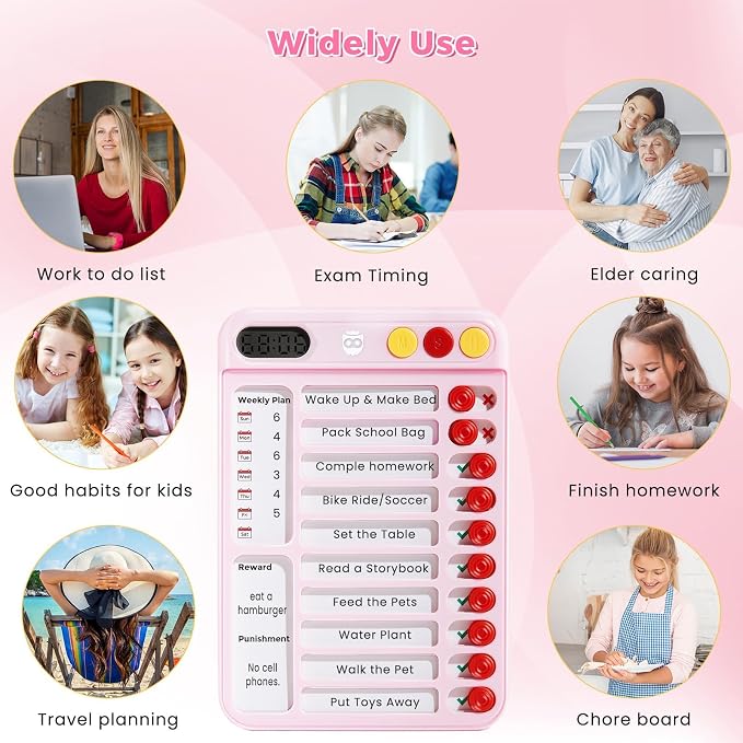 Magnetic Chore Chart for Kids with Time Timer, 99-Min Countdown/Up Visual Timer, Dry-Erase Reward Chart with Sliders, to Do List & Routine Checklist, Visual Schedule, Autism/ADHD Tools (Pink)