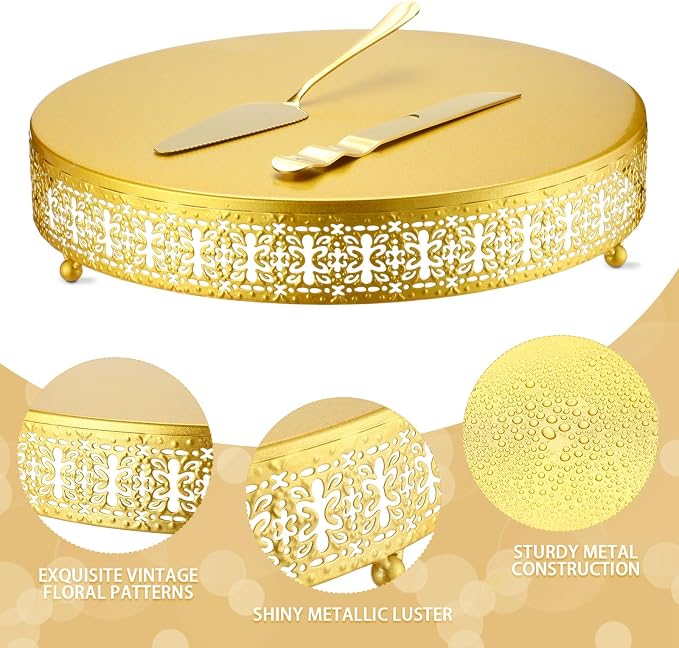 Wenqik 14 Inch Gold Cake Stand Set Metal Round Cupcake Dessert Wedding Cake Stand with Cutting & Spatula Cookies Display Holder Fruit Serving Tray for Table Wedding Birthday Anniversary Party