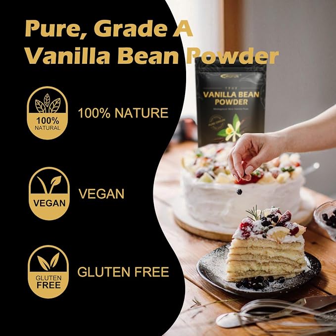 ORGFUN Vanilla Bean Powder 3.53 Oz, Native Ground Madagascar Vanilla Powder Pure Natural No Fillers or Additives Great for Baking, Desserts, Coffee Vegan Gluten Free 100G