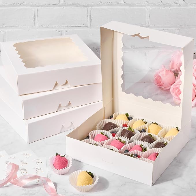 ZORRITA Pie Boxes with Window, 10"x10"x2.5", 20 Pack, White | Auto Pop-up, Bakery Boxes, For Chocolate Covered Strawberry, Cookies, Treats, Pastry, Donuts, Muffins