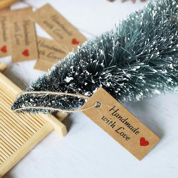 200 Pieces Handmade with Love Tags Handmade Tags Kraft Paper Handmade with Love Tags with 65.6 Feet Natural Jute Strings Brown