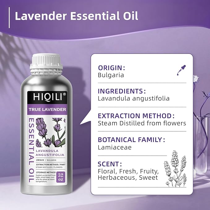 HIQILI 32 fl oz Lavender Essential Oil Large Capacity, for Aromatherapy, DIY Candle & Soap Making, Skin Moisturizing. Suitable for Hotels, DIY Studios, Spas and Hair Salons