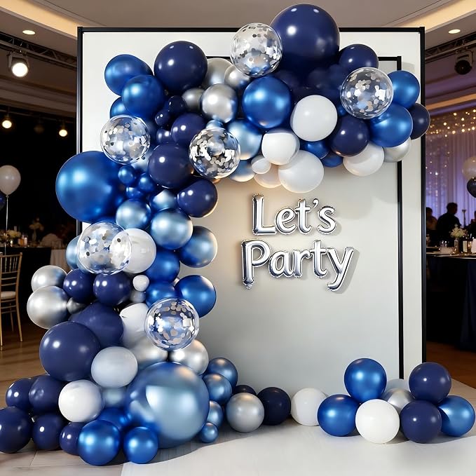 Blue White Silver Balloon Garland Arch Kit, 143 Pieces Navy Light Metallic Blue Silver White Confetti Balloons for Birthday Party Wedding Bridal Shower Graduation Decorations