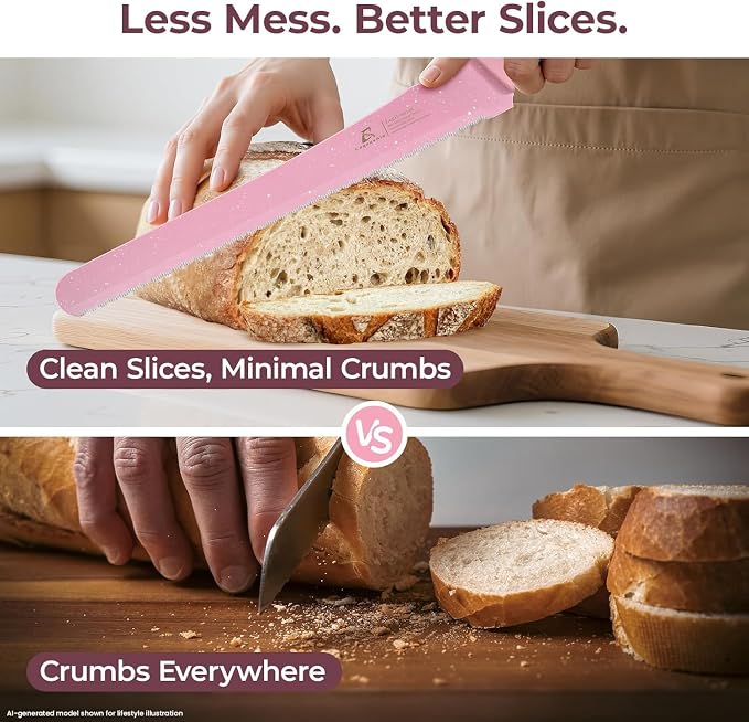 CoquusAid Upgrade Bread Knife for Homemade Bread, World‘s 1st Double Serrated Knife for Crusty Sourdough, 11.6 Inch Stainless Steel Bread Slicer, Professional Sourdough Cutter, Ideal for Gift, Pink