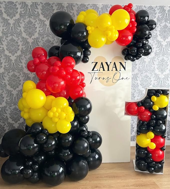 Red Yellow Black Balloons Garland Arch Kit, 154pcs Mouse Birthday Party Decorations with Different Sizes Latex Balloons for Baby Shower Wedding Graduation Cartoon Game Theme Party Decorations