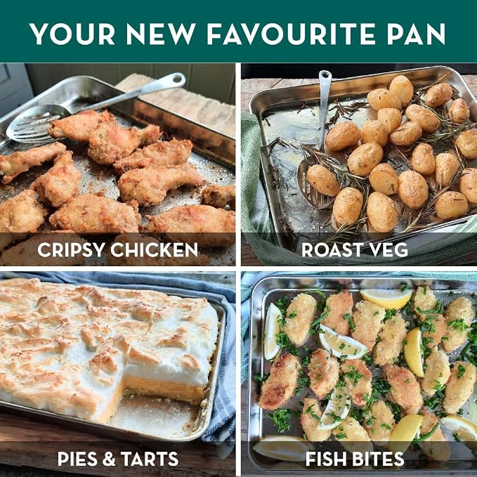 Stainless Steel Baking Sheet Pan –Medium Oven Tray & Roasting Pan, Non-Toxic, Non-Stick Free, Food-Safe Cookware (12.4' x 9.6' x 1' in)