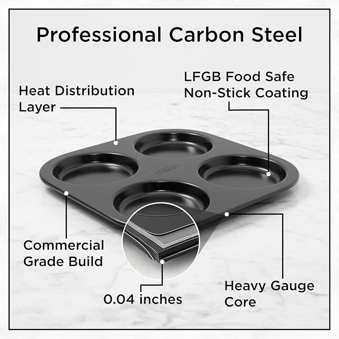Wrenbury Nonstick Whoopie Pie Pan 4 Cup Set of 2 - Jumbo Carbon Steel Shallow Baking Tray for Muffin Top Macarons Cookies Yorkshire Puddings Cornbread & Burger Buns