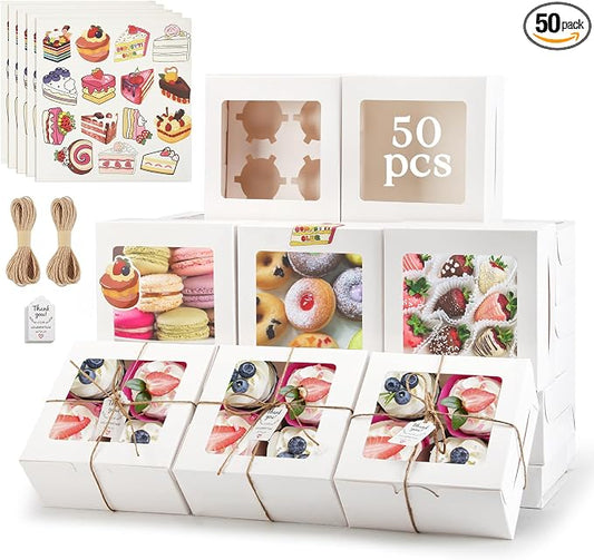 OAMCEG 50 Pack Cupcake Boxes with Window 6x6x3 Inches Cookie Boxes, Bakery Treat Boxes for Pastry, Desserts, Chocolate Strawberries, Cupcake Containers, Gift Giving with Stickers & Twine （White）