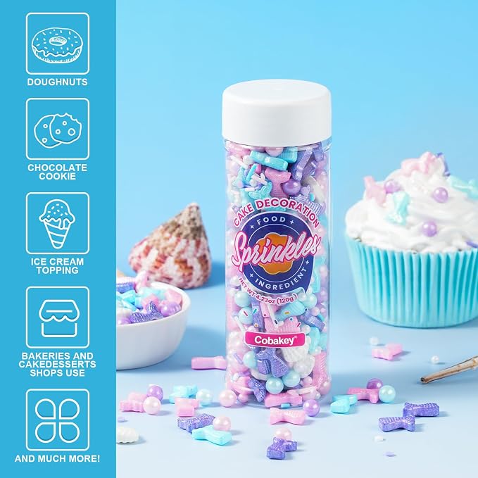 Mermaid Sprinkles Edible Sugar Pearl Shell Jimmies Mix 120g/4.3oz Pastel Sprinkles Ocean Summer Baking Cake Fun Decorations Perfect for Baking Ice Cream,Cookies,Dessert,Cupcake Topper,Birthday Party Supplies