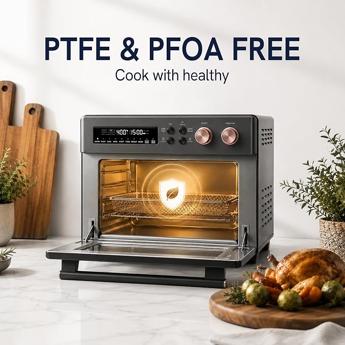 VAL CUCINA Infrared Heating 26.3 QT Air Fryer Toaster Oven, Large Countertop Convection Oven 10-in-1 Combo, 6-Slice Toast, Enamel Baking Pan Easy Clean with Recipe Book, Black Matte Stainless Steel
