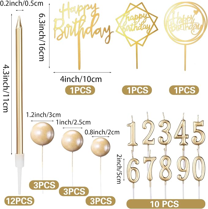 Yerliker 34 Pcs Happy Birthday Cake Toppers Decorations Birthday Candles DIY Cake Decor for Men Women Wedding Anniversary(Champagne)