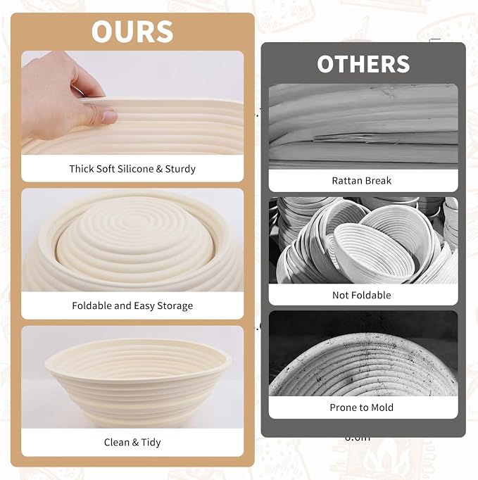 2Pcs Silicone Banneton Bread Proofing Baskets, 10" Oval & 9" Round Foldable Non-Stick Dough Proofing Bowl Containers-BPA Free, Optimum Sourdough Bread Baking Supplies(Beige)