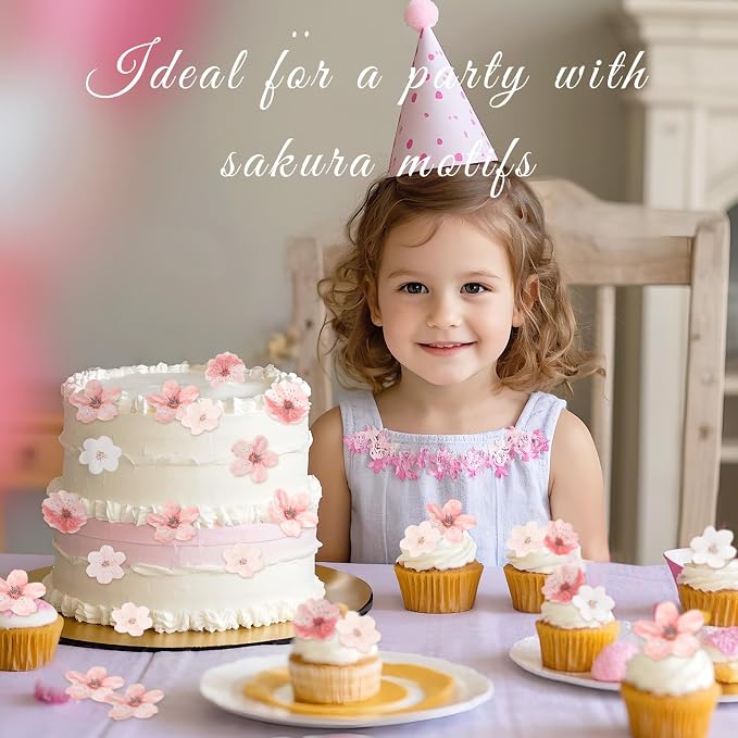 50 Pcs Edible Cherry Blossoms Cake Decorations, Edible Cherry Blossom Cupcake Toppers Rice Paper Flower Cake Toppers for Birthday Baby Shower Party Decorations Supplies Pink