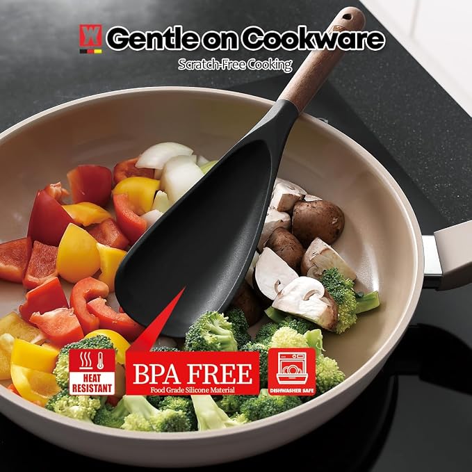 WAGENSTEIGER Set of 2pc Silicone Cooking Utensils: Wooden Handle Cooking & Serving Spoon+ Multi-Purpose Cooking Spoon, Heat Resistant Cooking Utensil, BPA Free, Safe Material for All Cooking Surfaces