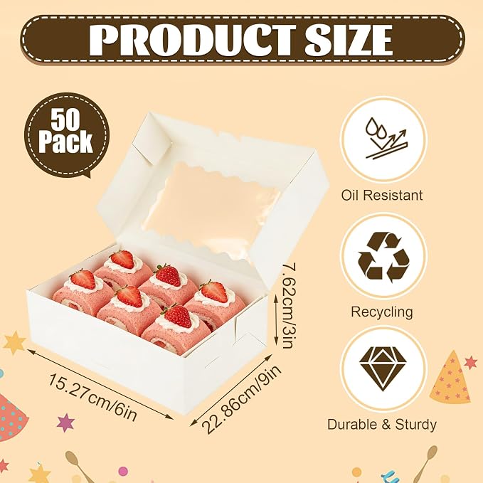 QTLCOHD 50 Pcs Cookie Boxes with Window 9x6x3 Inch | White Bakery Boxes Dessert Container with Sticker for Pies, Chocolate, Strawberries, Muffins, Donuts, Pastry, Candy